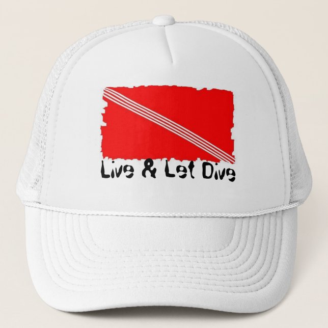 Breezy Beach Wear Live & Let Dive White Trucker Ha Trucker Hat (Front)