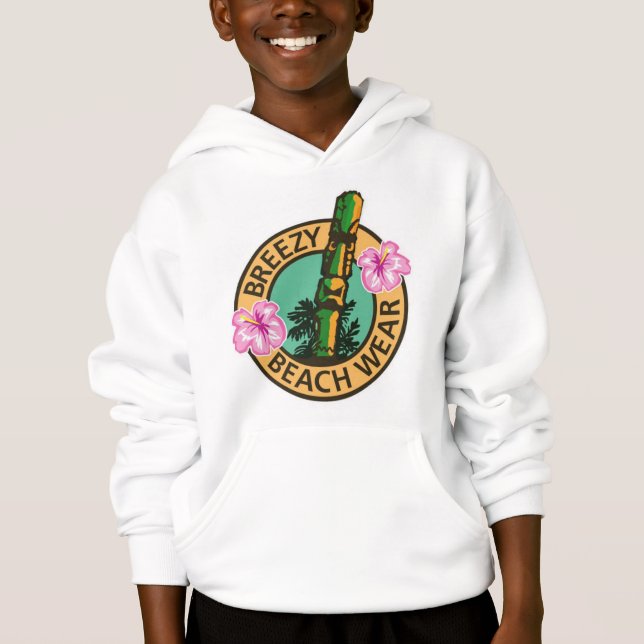 Breezy Beach Wear Pink Hibiscus Tiki God Logo Hoodie (Front)