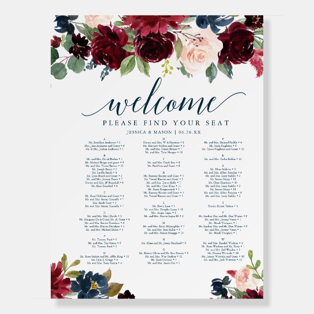 Breezy Burgundy Navy Wedding Seating Chart Foam Board (Front)