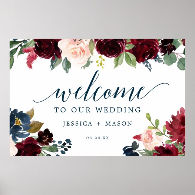Breezy Burgundy Navy Wedding Welcome Sign (Front)