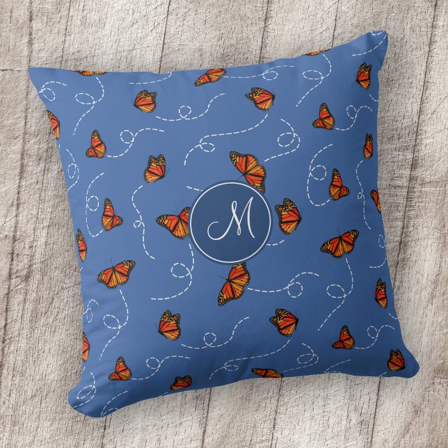 breezy Monarch butterflies pattern blue Throw Pillow (Creator Uploaded)