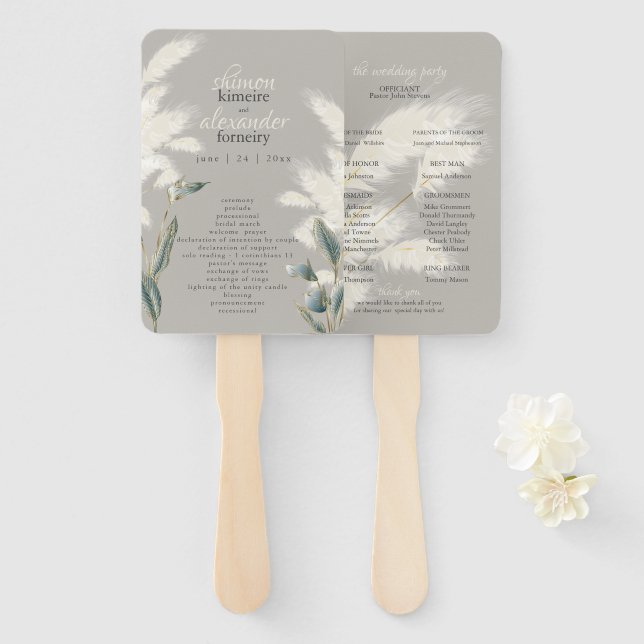 Breezy Pampas Grass Wedding Program Hand Fan (Front and Back)