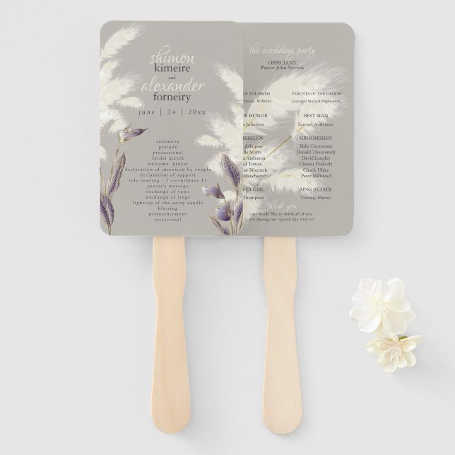 Breezy Pampas Grass Wedding Program Hand Fan (Front and Back)