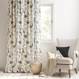 Breezy Watercolor Monochrome Black Wildflowers  Sheer Curtains