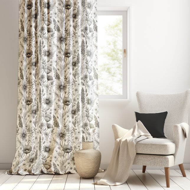 Breezy Watercolor Monochrome Black Wildflowers  Sheer Curtains (Breezy Watercolor Monochromatic Black and White Wildflowers Sheer Curtain)