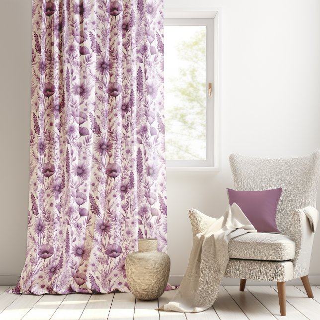 Breezy Watercolor Monochrome Purple Wildflowers  Sheer Curtains (Breezy Watercolor Monochromatic Dark Dusky Purple Wildflowers Sheer Curtain)