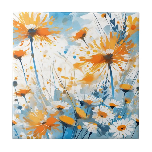 Breezy Wildflower Field in Orange Ceramic Tile (Front)