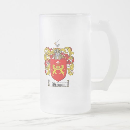 BRENNAN FAMILY CREST _  BRENNAN COAT OF ARMS FROSTED GLASS BEER MUG