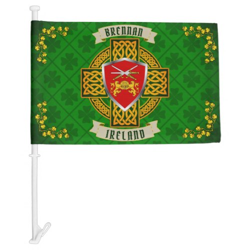 Brennan Irish Shield wCeltic Cross Personalized  Car Flag
