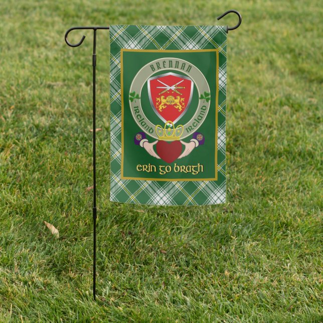 Brennan Irish Shield w/Claddagh Personalized  Garden Flag (In SItu)