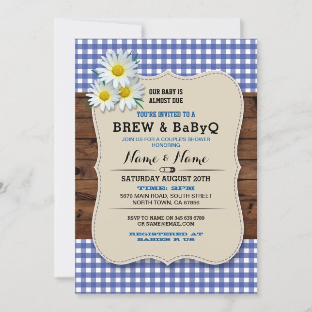 Brew and BABYQ Baby Shower Blue Wood Daisy Invite (Front)