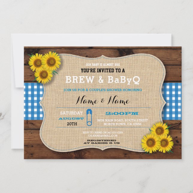 Brew & BABYQ Blue Baby Shower Burlap Sunflower Invitation (Front)