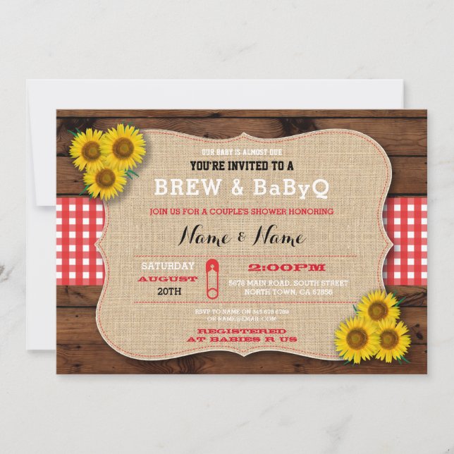 Brew & BABYQ Red Baby Shower Burlap Sunflower Invitation (Front)