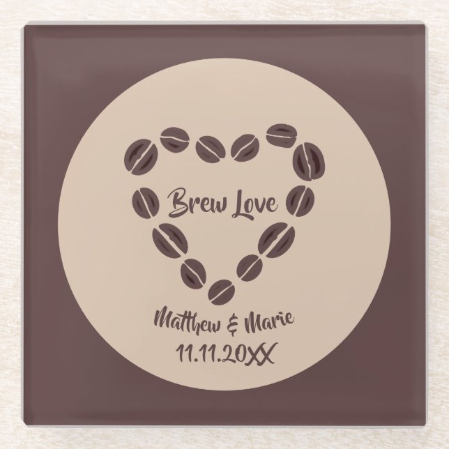 Brew Love Coffee Bean Heart Glass Coaster (Front)