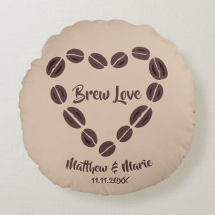 Brew Love Coffee Bean Heart Round Pillow