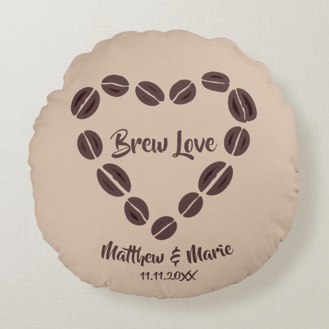 Brew Love Coffee Bean Heart Round Pillow (Front)