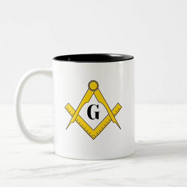 "Brew with Brotherhood: Square and Compass Masonic Two-Tone Coffee Mug (Left)