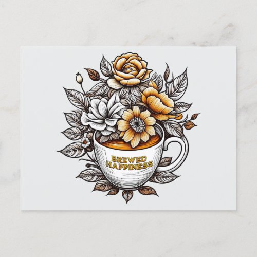 Brewed Happiness Coffee Flowers Postcard