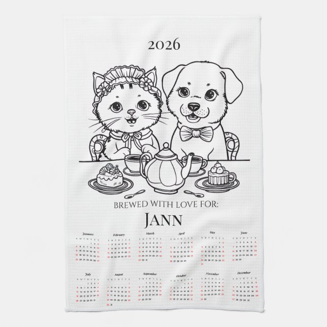 Brewed with Love Cat & Dog Tea Towel Calendar  (Vertical)