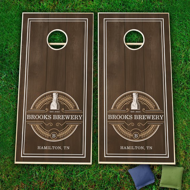Brewery Monogram Crest Cornhole Set (Dark Wood Plank Brewery Monogram Crest Cornhole Set)