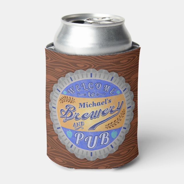 Brewery Pub Personalized Beer Bottle Cap Can Cooler (Can Front)