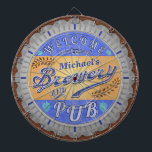Brewery Pub Personalized Beer Bottle Cap Dart Board<br><div class="desc">This design for your brewery and pub decor is made to look like a beer bottle cap. It says, "Welcome to [Your Name] Brewery & Pub." The text and design have a distressed, weathered look, to make the bottle cap image appear slightly antique. The design has a hops and barley...</div>