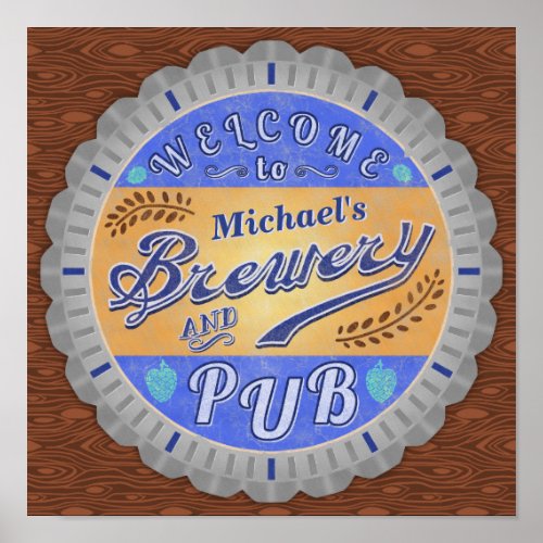 Brewery Pub Personalized Beer Bottle Cap Poster
