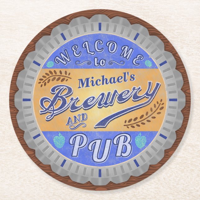 Brewery Pub Personalized Beer Bottle Cap Round Paper Coaster (Front)