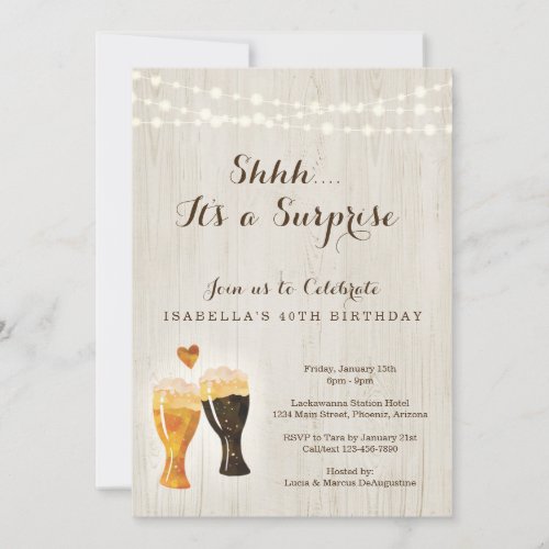 Brewery Surprise Birthday Party  Rustic Beer Invitation