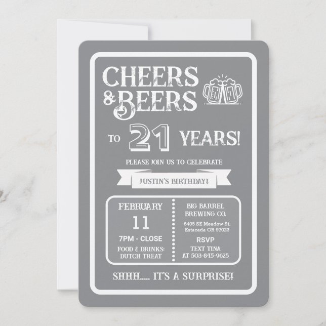 Brewery Surprise Cheers and Beers to 21 Years Invitation (Front)
