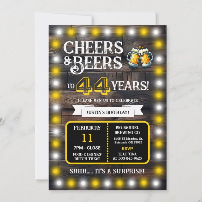 Brewery Surprise Cheers and Beers to 44 Years Invitation (Front)