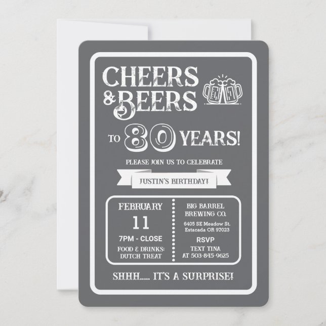 Brewery Surprise Cheers and Beers to 80 Years  Invitation (Front)