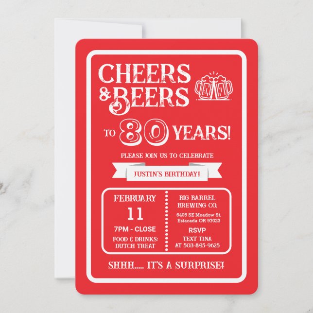 Brewery Surprise Cheers and Beers to 80 Years Invitation (Front)