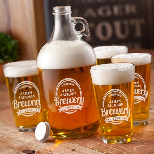 Brewery White Print Glasses Set & Beer Growler (Front)