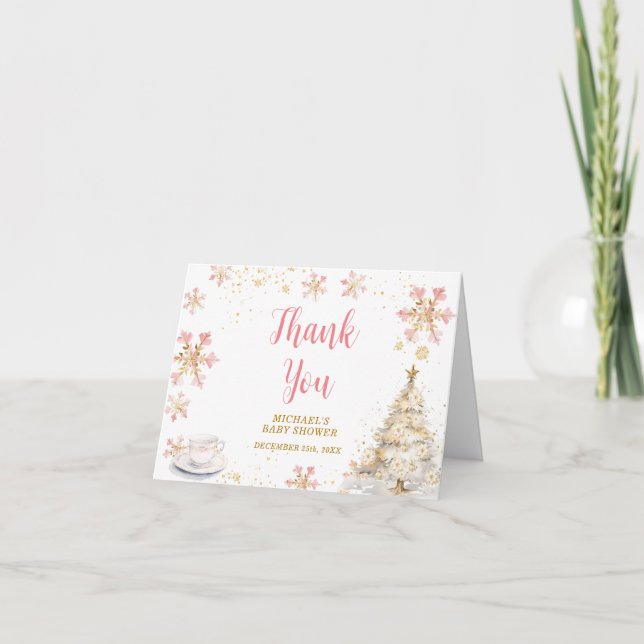Brewing Pink Winter Tea Party Baby Shower Folded Thank You Card (Front)
