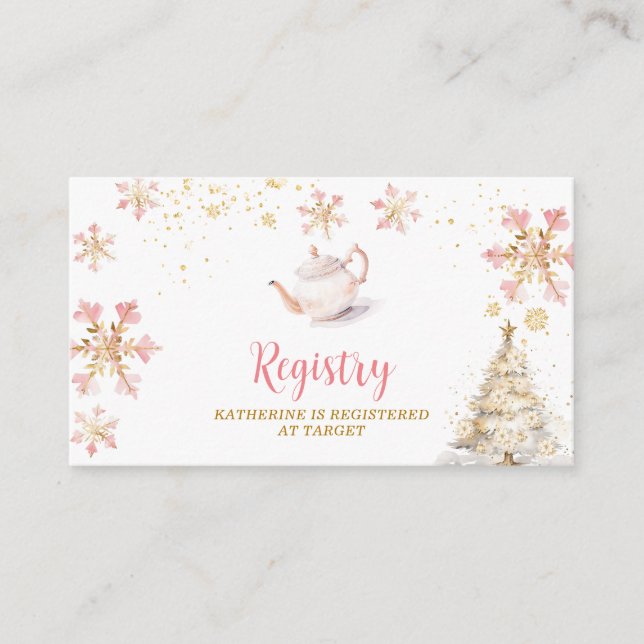 Brewing Pink Winter Tea Party Baby Shower Registry Enclosure Card (Front)