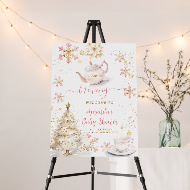 Brewing Pink Winter Tea Party Baby Shower Welcome Foam Board (In Situ (Stand))