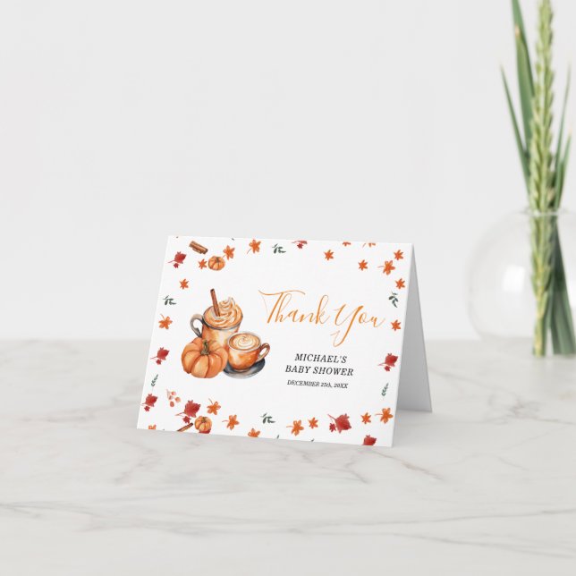 Brewing Pumpkin Spice Coffee Baby Shower Folded Thank You Card (Front)