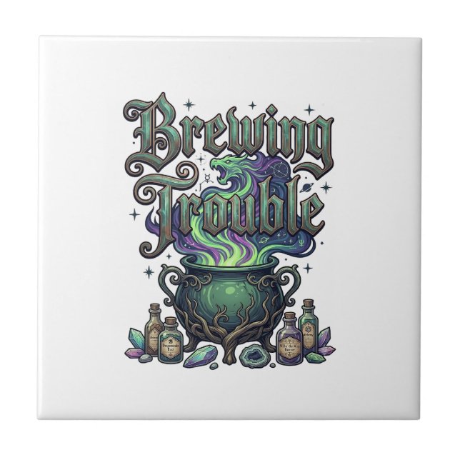 Brewing Trouble Cauldron Dragon Alchemy Crystals H Ceramic Tile (Front)