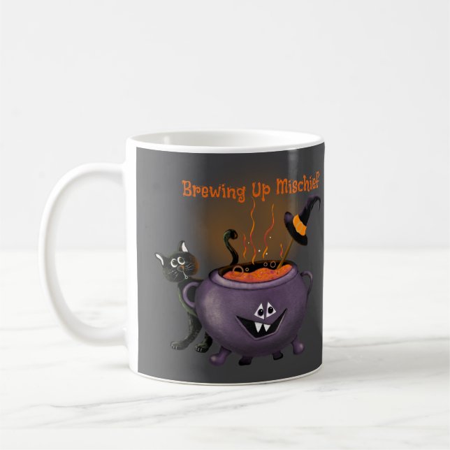 Brewing Up Mischief Black Cat Halloween Coffee Mug (Left)