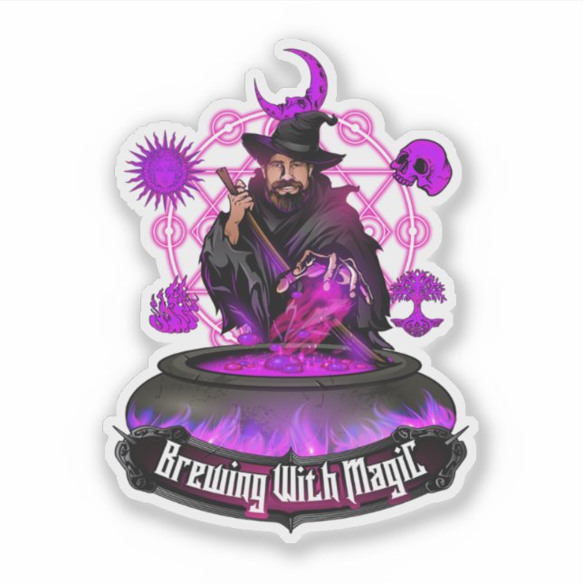 Brewing With Magic Brew Wizard With Text Logo Sticker (Front)