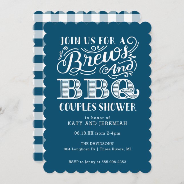 Brews and BBQ Couples Shower in Blue Invitation (Front/Back)