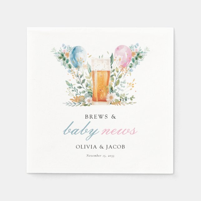Brews & Baby News Gender Reveal Party Napkins (Front)