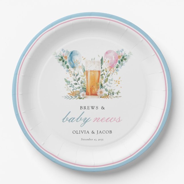 Brews & Baby News Gender Reveal Party Paper Plates (Front)