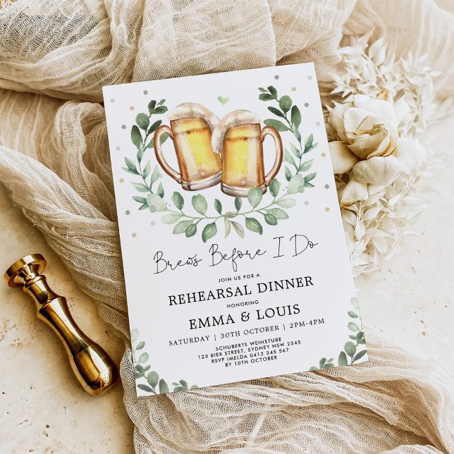 Brews Before I Do Beer Greenery Rehearsal Dinner  Invitation (Creator Uploaded)