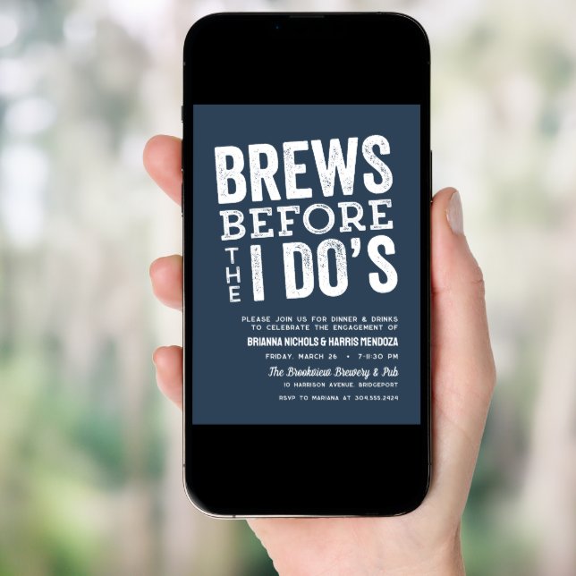 Brews before I Do's brewery engagement party blue Invitation (Front Digital)