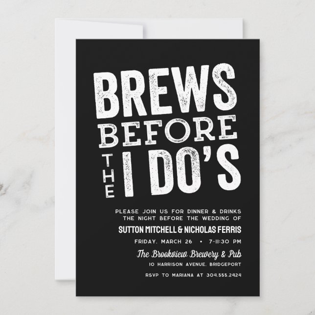 Brews before I Do's brewery rehearsal dinner black Invitation (Front)