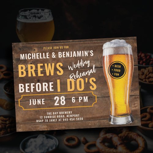 Brews Before I Dos Brewery Wedding Rehearsal Wood Invitation