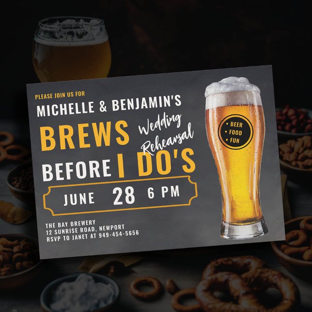 Brews Before I Dos Couple Black Wedding Rehearsal Invitation (brews before i dos wedding rehearsal dinner invitation brewery theme rustic chalk board beer party)