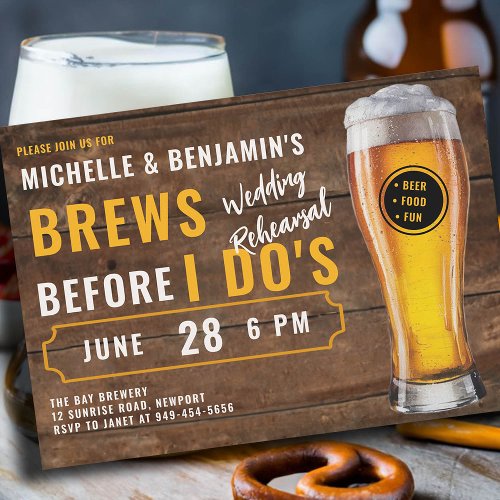 Brews Before I Dos Couple Wedding Rehearsal Rustic Invitation